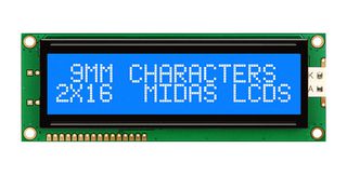 MIDAS DISPLAYS MC21609AB6W-BNMLW-V2 LCD Alfanumérico, 16 x 2, Blanco sobre Azul, 5 V, Paralelo, Inglés, Japonés, Transmisivo